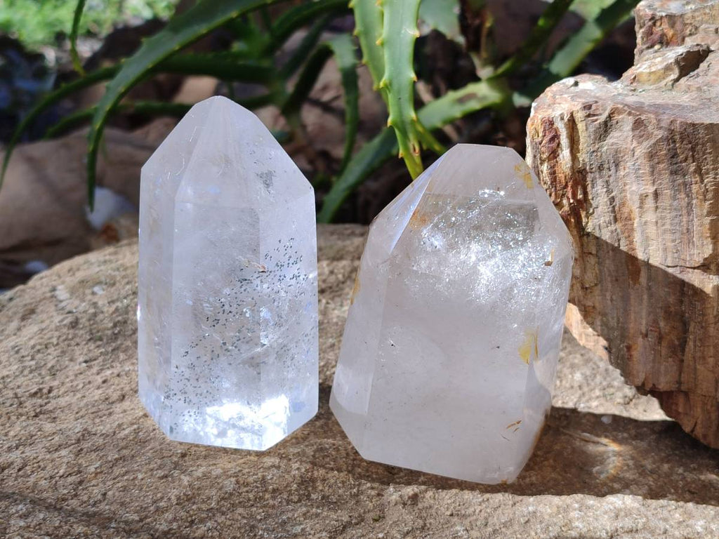 Polished Wispy Rainbow Veil Quartz and Specular Hematite Inclusion Quartz Crystals x 3 from Madagascar - Toprock Gemstones and Minerals 