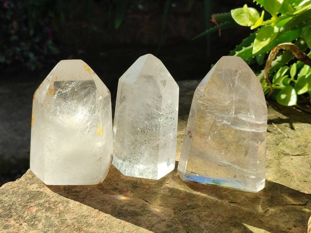 Polished Wispy Rainbow Veil Quartz and Specular Hematite Inclusion Quartz Crystals x 3 from Madagascar - Toprock Gemstones and Minerals 