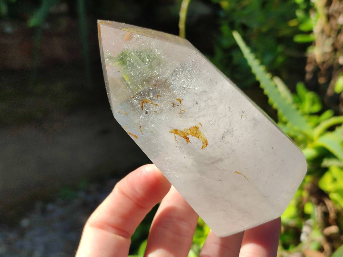 Polished Wispy Rainbow Veil Quartz and Specular Hematite Inclusion Quartz Crystals x 3 from Madagascar - Toprock Gemstones and Minerals 