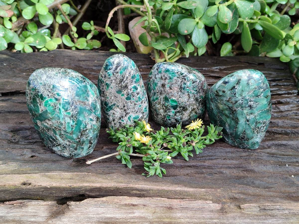 Polished Emerald Mica In Matrix Standing Free Forms x 4 From Mutoko, Zimbabwe - Toprock Gemstones and Minerals 