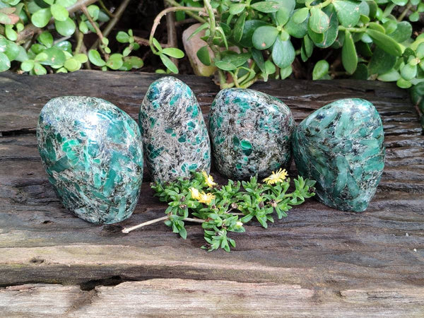 Polished Emerald Mica In Matrix Standing Free Forms x 4 From Mutoko, Zimbabwe - Toprock Gemstones and Minerals 