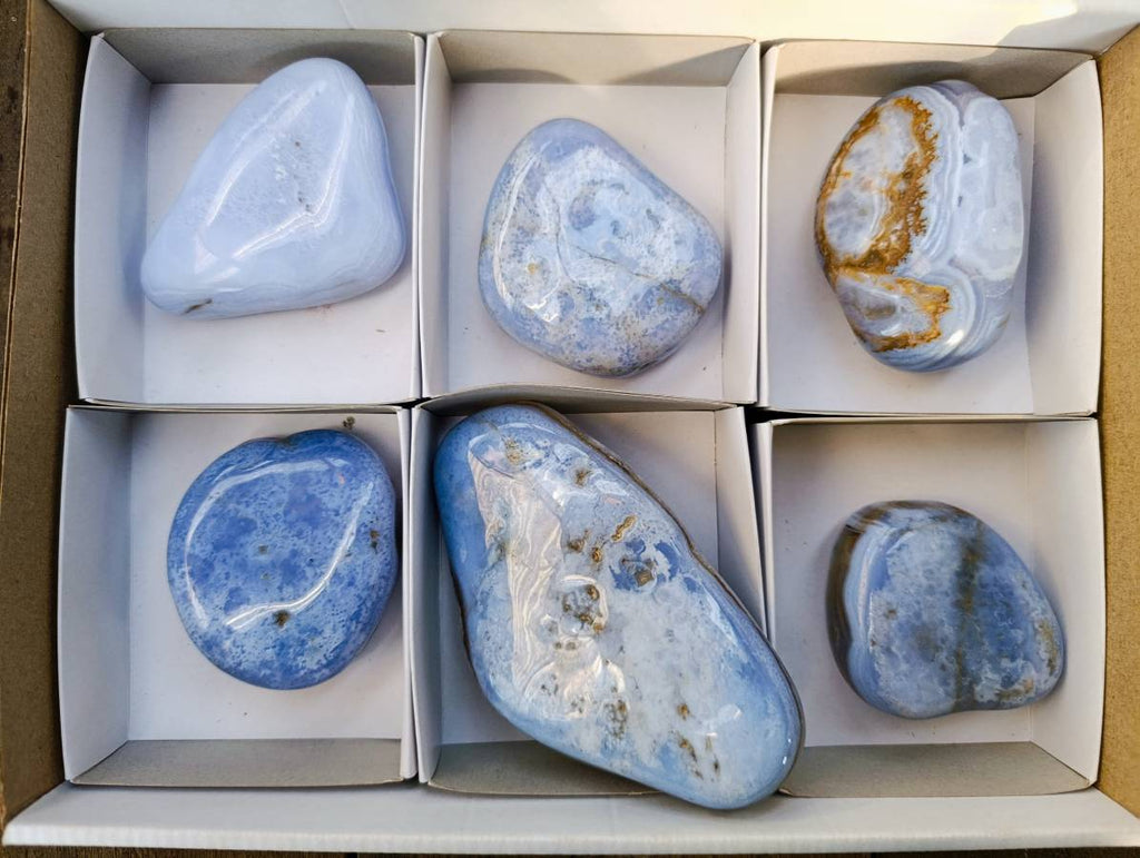 Polished Blue Lace Agate Tumbled Stones x 6 From Malawi - Toprock Gemstones and Minerals 