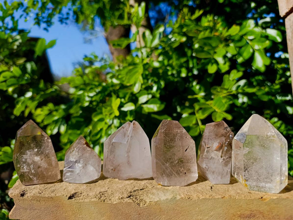 Polished Smokey Window and Clear Quartz Crystals x 6 From Madagascar - Toprock Gemstones and Minerals 