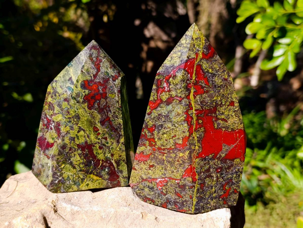 Polished Bastite Dragons Blood Stone Points x 2 From Tshipise, South Africa - Toprock Gemstones and Minerals 