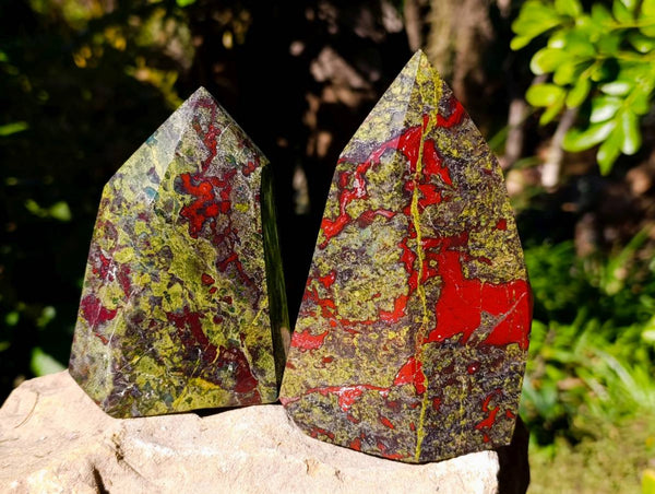 Polished Bastite Dragons Blood Stone Points x 2 From Tshipise, South Africa