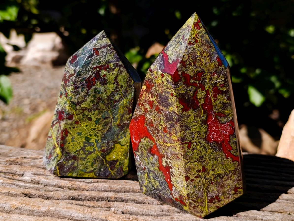 Polished Bastite Dragons Blood Stone Points x 2 From Tshipise, South Africa - Toprock Gemstones and Minerals 