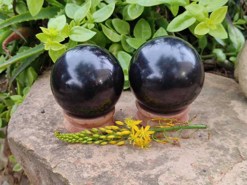 Polished Black Basalt Spheres x 2 From Madagascar - Toprock Gemstones and Minerals 