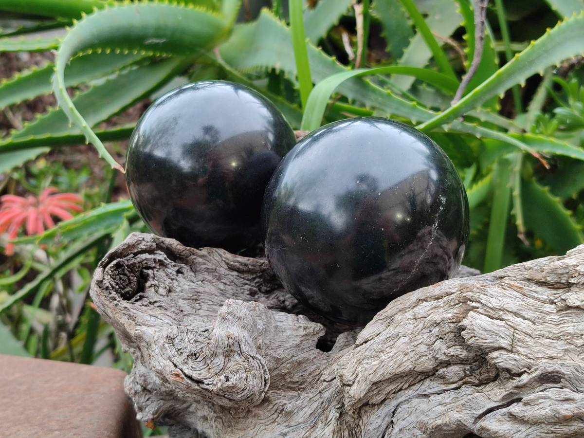 Polished Black Basalt Spheres x 2 From Madagascar - Toprock Gemstones and Minerals 