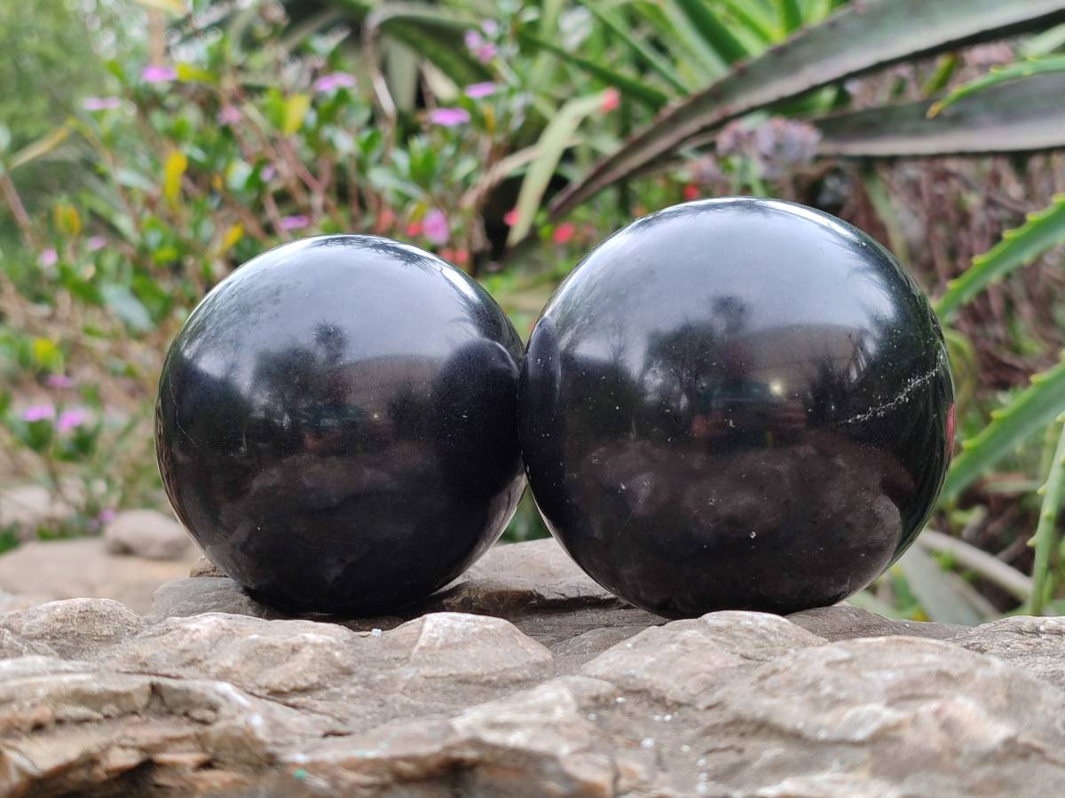 Polished Black Basalt Spheres x 2 From Madagascar - Toprock Gemstones and Minerals 