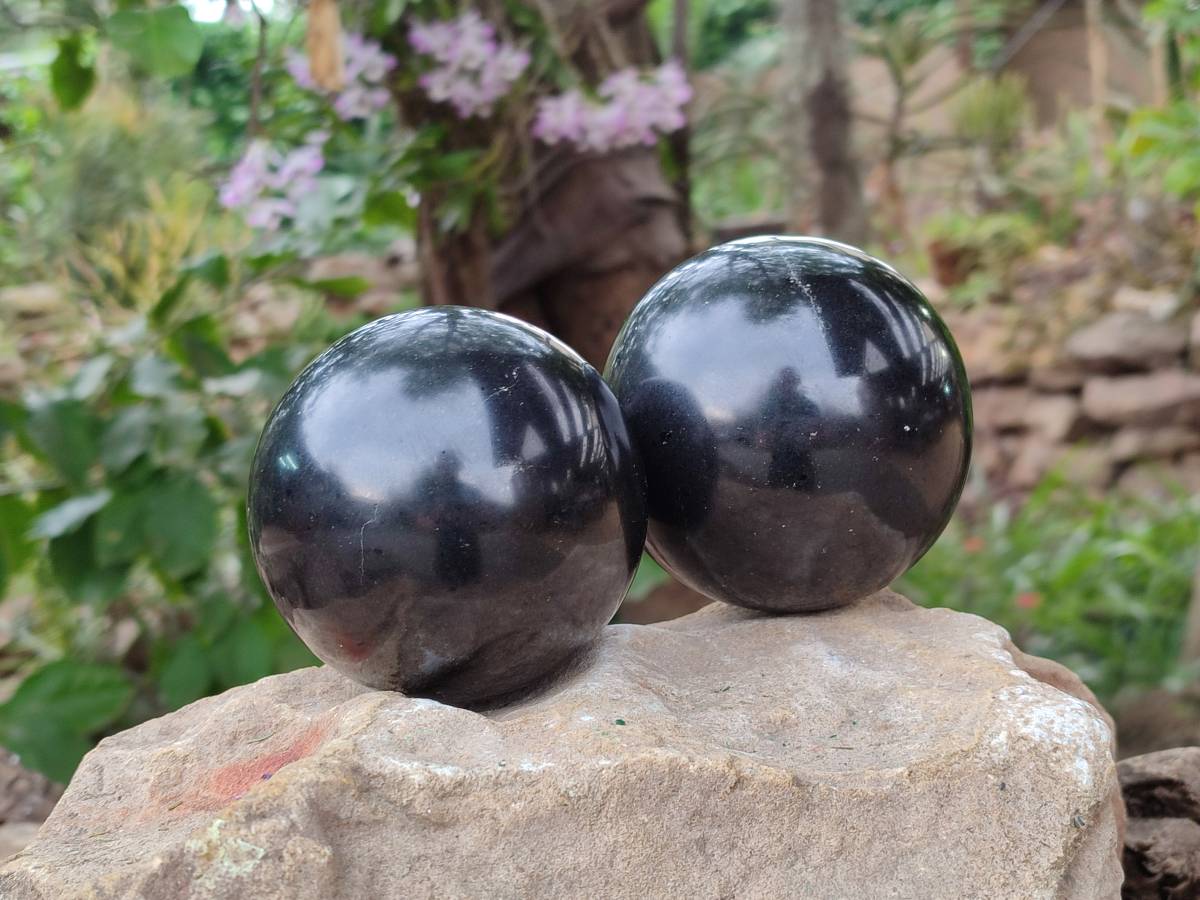 Polished Black Basalt Spheres x 2 From Madagascar - Toprock Gemstones and Minerals 