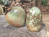 Polished Green Opal Standing Free Form and Heart x 2 From Betroka, Madagascar - Toprock Gemstones and Minerals 