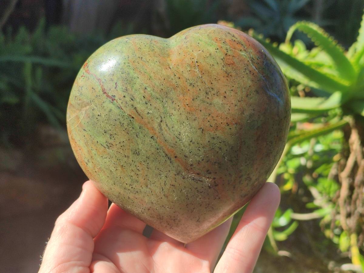 Polished Green Opal Standing Free Form and Heart x 2 From Betroka, Madagascar - Toprock Gemstones and Minerals 