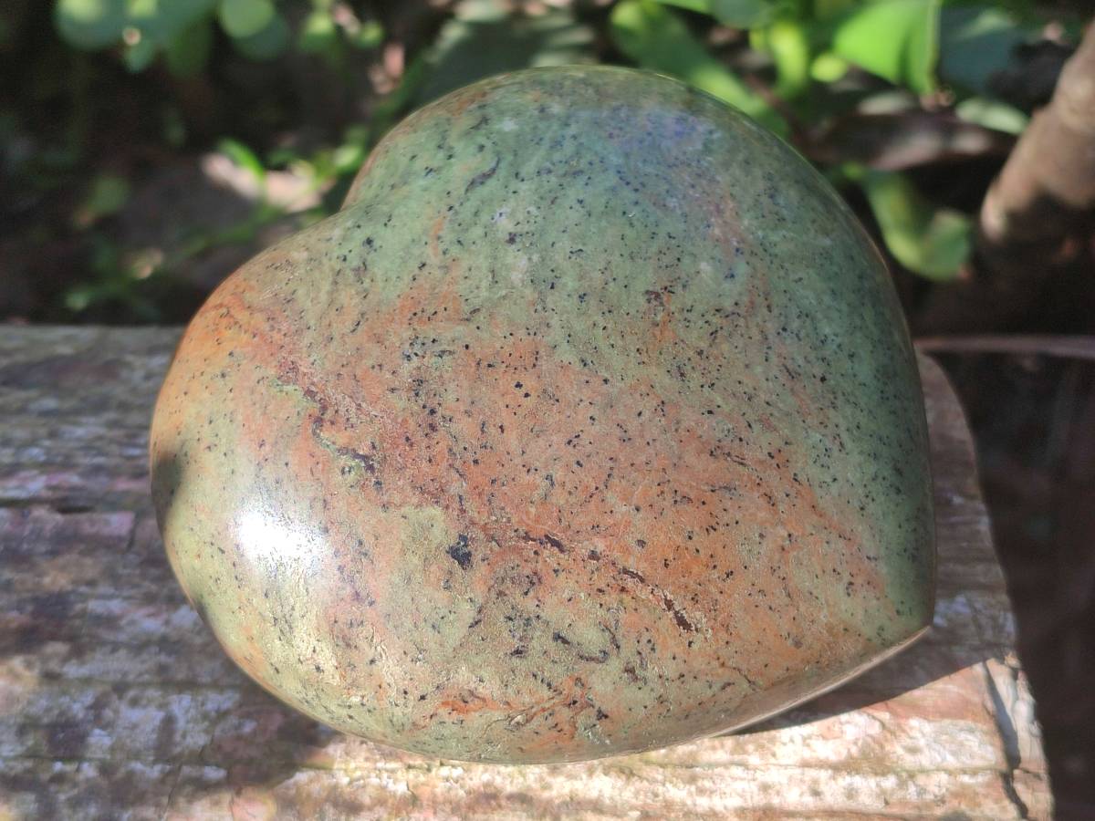 Polished Green Opal Standing Free Form and Heart x 2 From Betroka, Madagascar - Toprock Gemstones and Minerals 