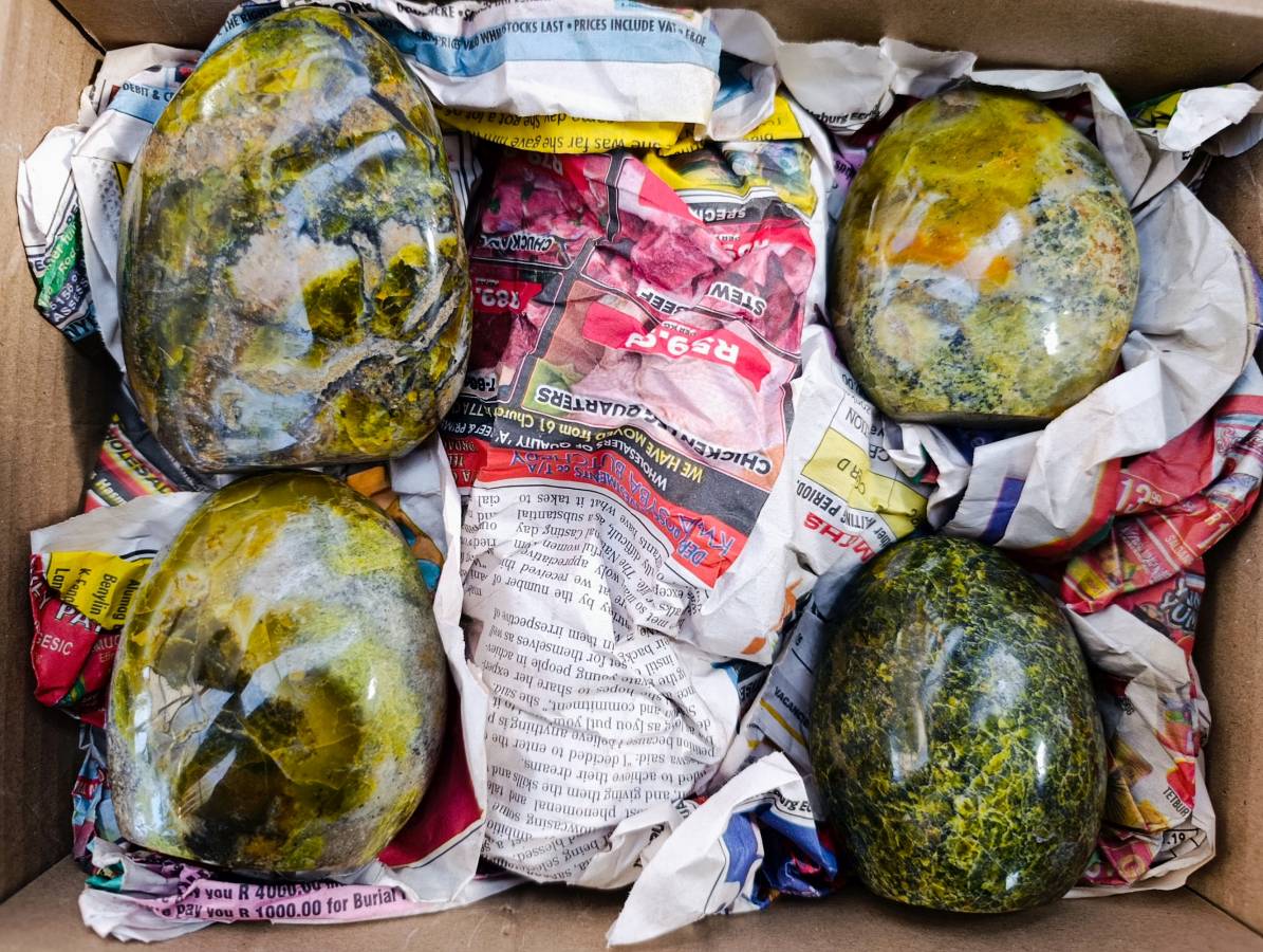 Polished Green Opal Standing Free Forms x 4 From Betroka, Madagascar - Toprock Gemstones and Minerals 