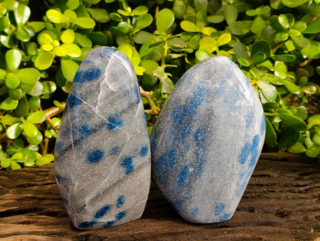 Polished Blue Spinel Spotted Quartz Standing Free Form x 2 From Madagascar - Toprock Gemstones and Minerals 