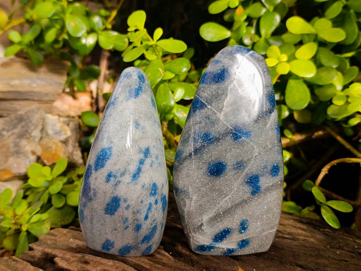 Polished Blue Spinel Spotted Quartz Standing Free Form x 2 From Madagascar - Toprock Gemstones and Minerals 
