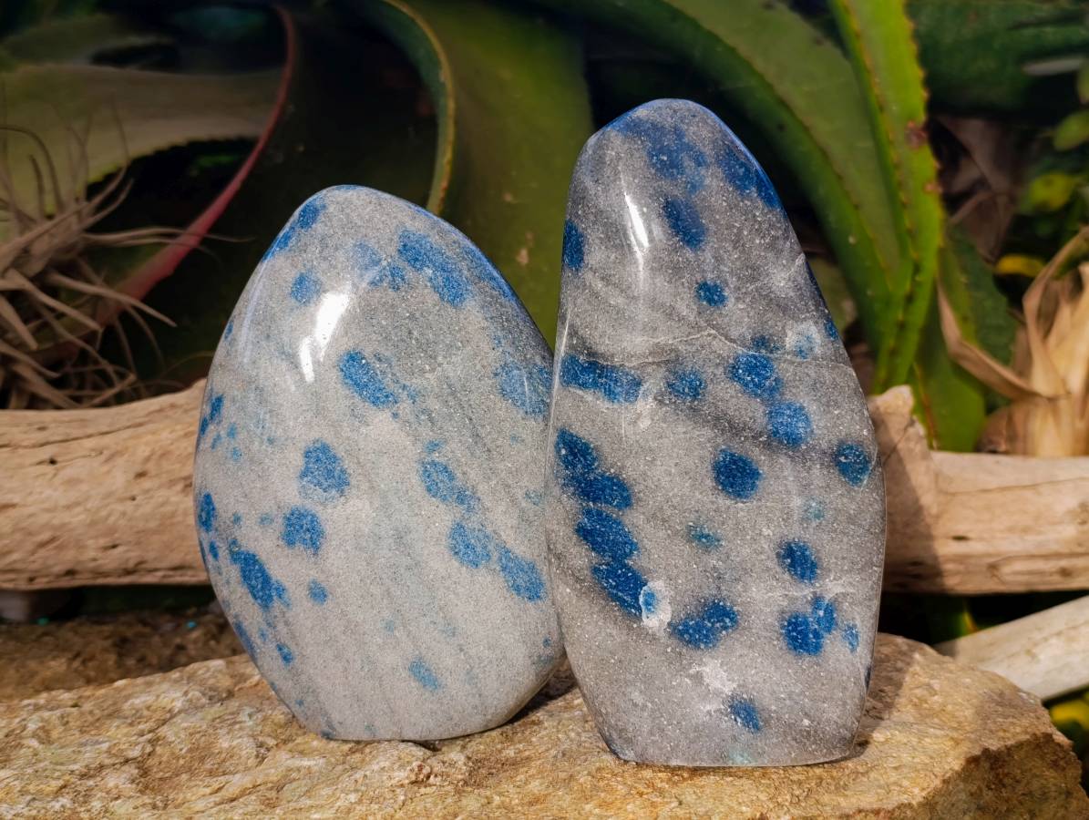 Polished Blue Spinel Spotted Quartz Standing Free Form x 2 From Madagascar - Toprock Gemstones and Minerals 