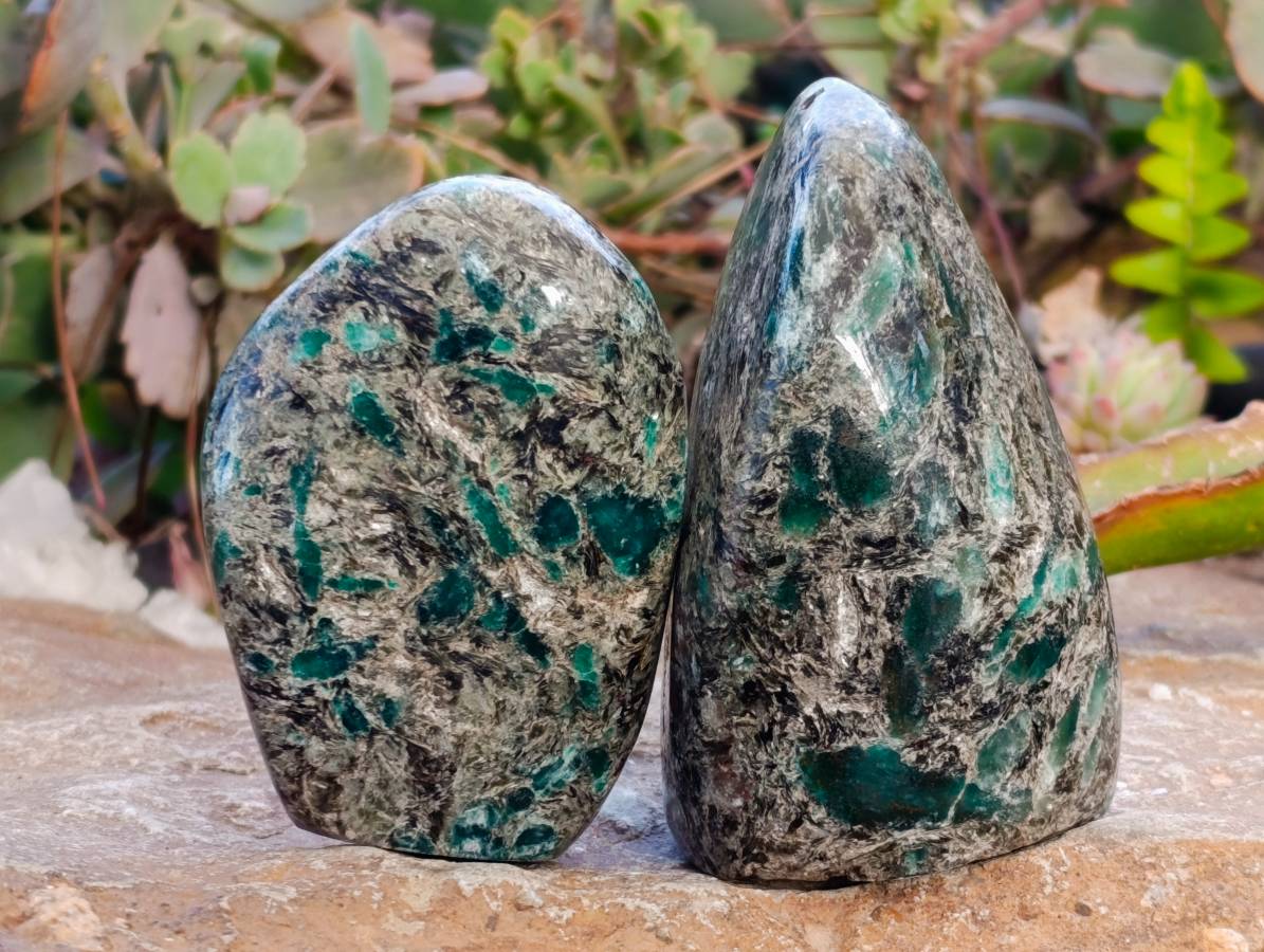 Polished Emerald Mica 'Mutokolite' Standing Free Forms x 3 From Mutoko, Zimbabwe - Toprock Gemstones and Minerals 