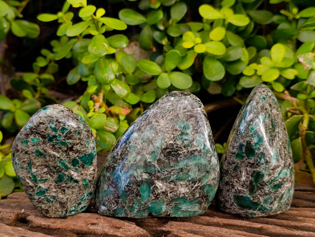 Polished Emerald Mica 'Mutokolite' Standing Free Forms x 3 From Mutoko, Zimbabwe - Toprock Gemstones and Minerals 