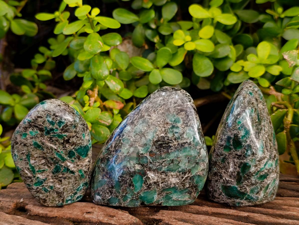 Polished Emerald Mica 'Mutokolite' Standing Free Forms x 3 From Mutoko, Zimbabwe - Toprock Gemstones and Minerals 
