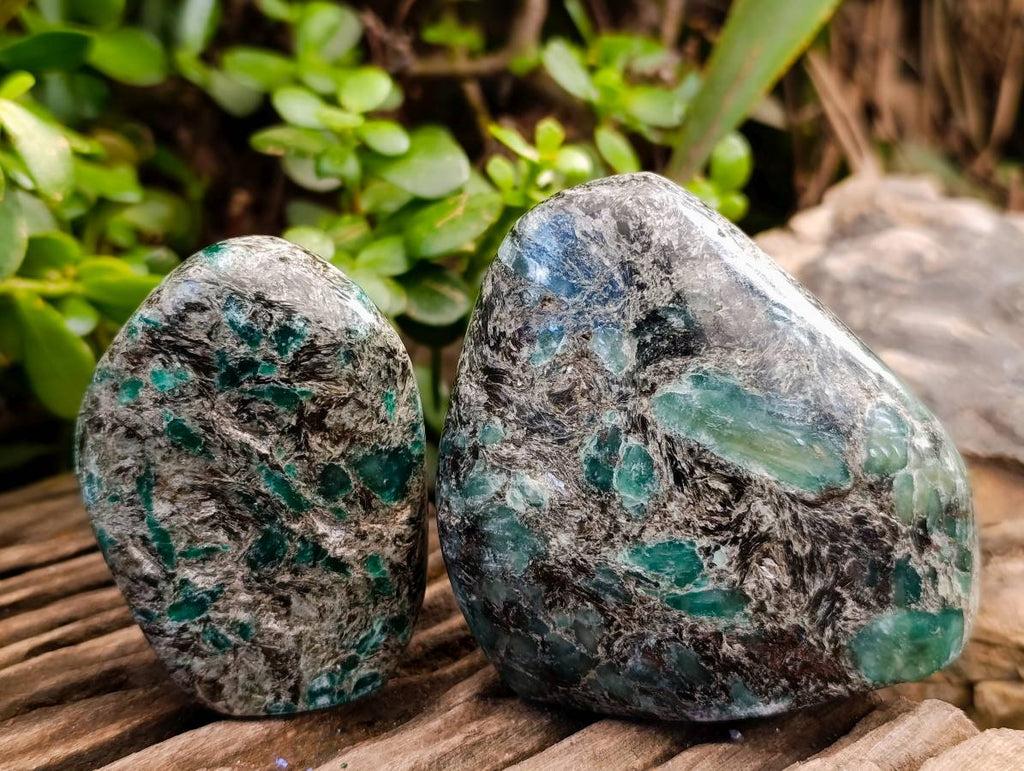 Polished Emerald Mica 'Mutokolite' Standing Free Forms x 3 From Mutoko, Zimbabwe - Toprock Gemstones and Minerals 