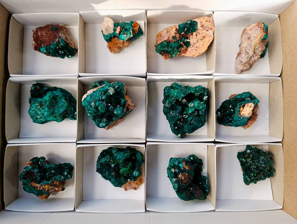 Natural Dioptase On Dolomite with Malachite Specimens x 12 From Likasi, Congo - Toprock Gemstones and Minerals 