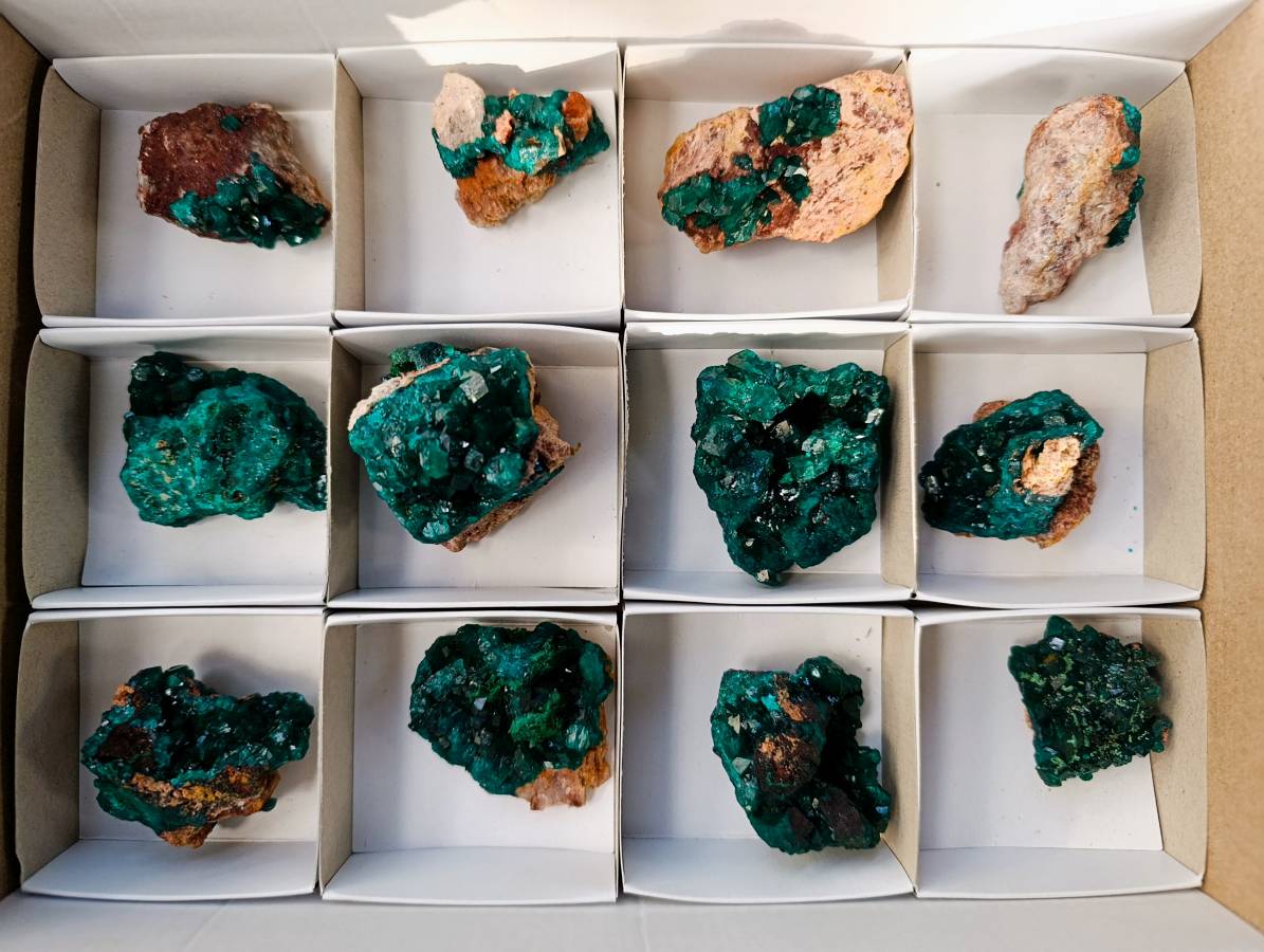 Natural Dioptase On Dolomite with Malachite Specimens x 12 From Likasi, Congo - Toprock Gemstones and Minerals 
