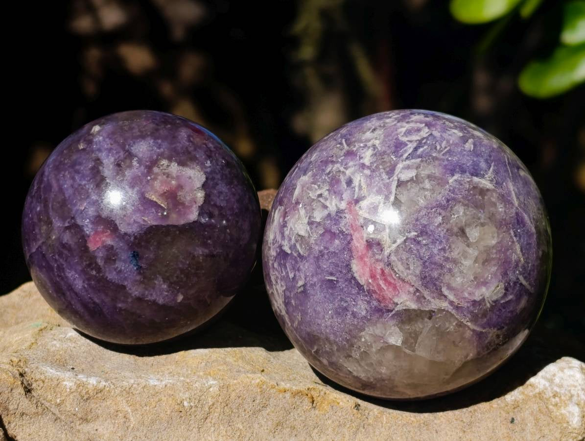 Polished Lepidolite With Pink Rubellite Spheres x 3 From Ambatondrazaka, Madagascar - Toprock Gemstones and Minerals 