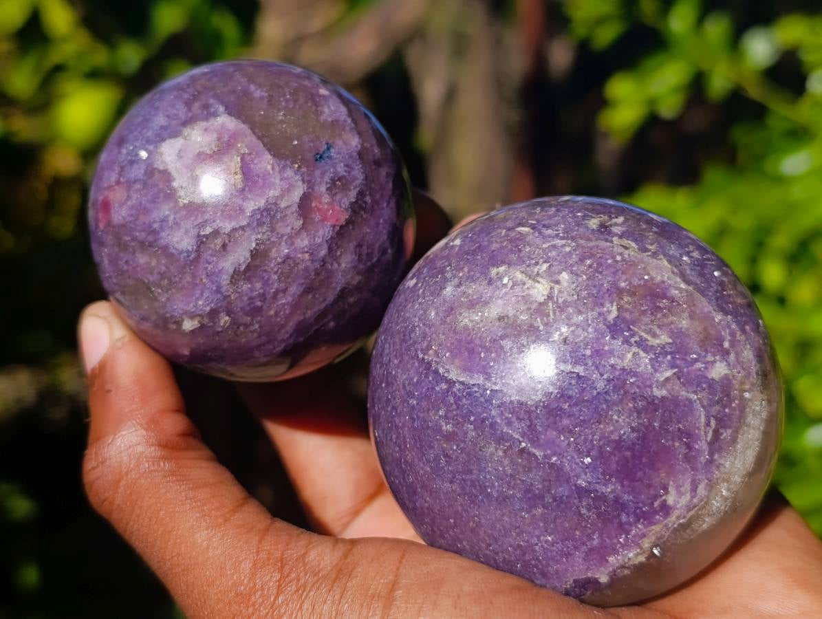 Polished Lepidolite With Pink Rubellite Spheres x 3 From Ambatondrazaka, Madagascar - Toprock Gemstones and Minerals 