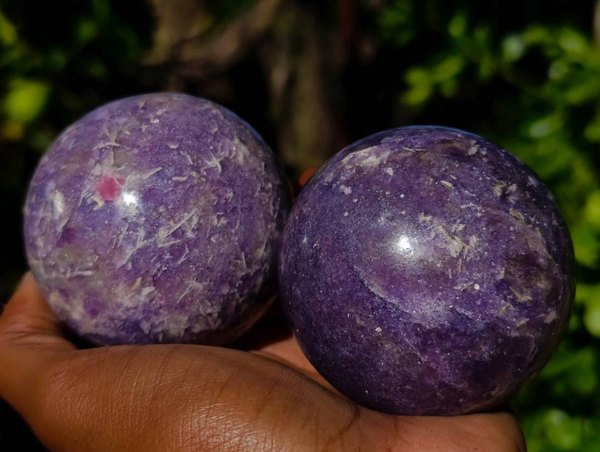 Polished Lepidolite With Pink Rubellite Spheres x 3 From Ambatondrazaka, Madagascar - Toprock Gemstones and Minerals 