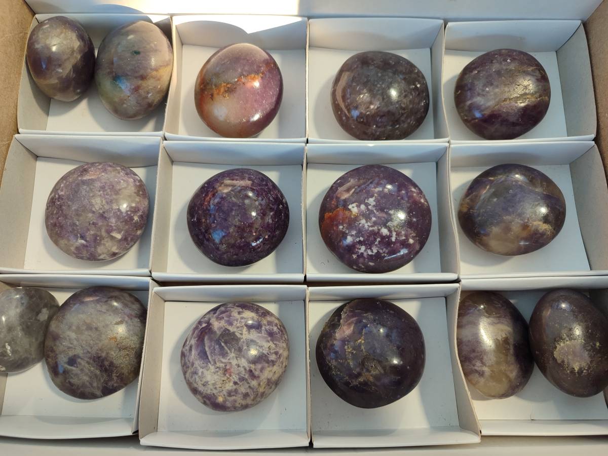 Polished Lepidolite with Pink Rubellite Palm Stones x 15 From Ambatondrazaka, Madagascar - Toprock Gemstones and Minerals 