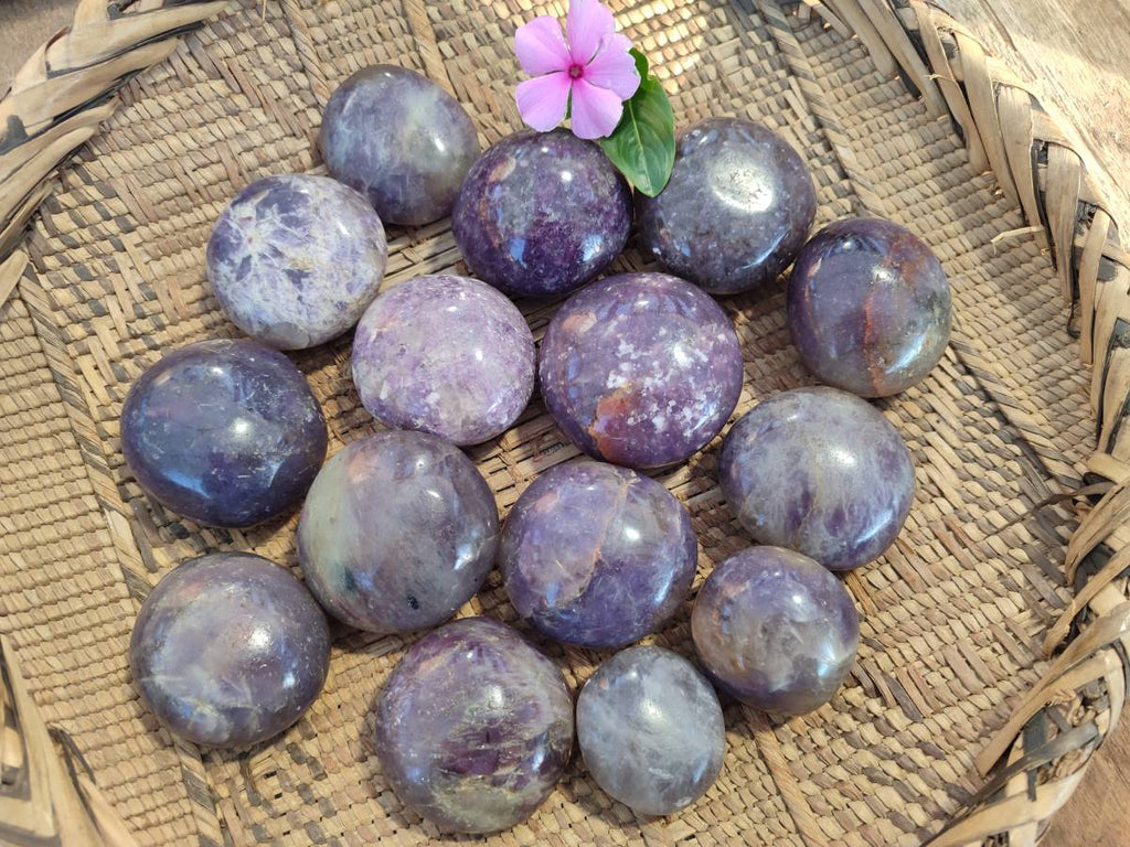 Polished Lepidolite with Pink Rubellite Palm Stones x 15 From Ambatondrazaka, Madagascar - Toprock Gemstones and Minerals 