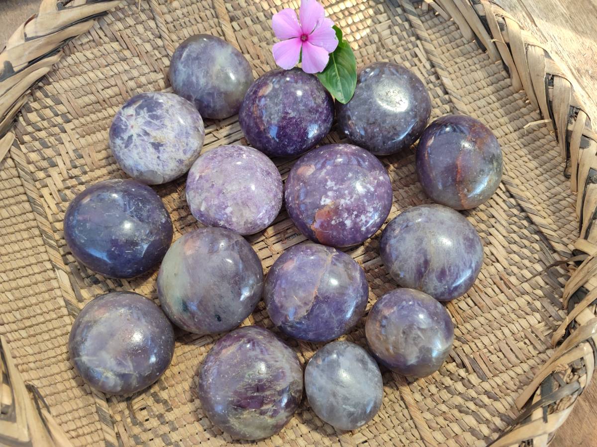 Polished Lepidolite with Pink Rubellite Palm Stones x 15 From Ambatondrazaka, Madagascar - Toprock Gemstones and Minerals 