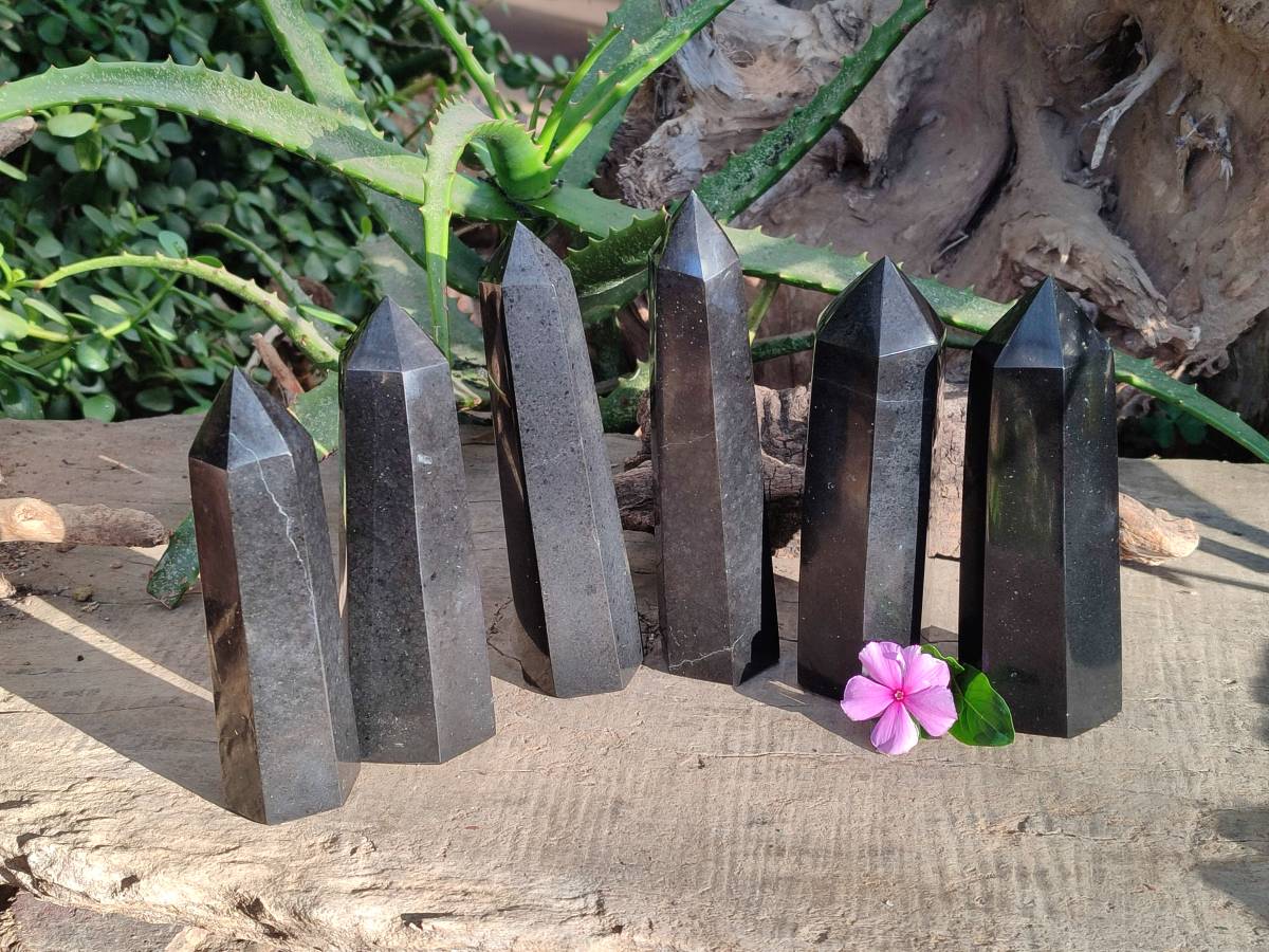 Polished Black Basalt Towers x 6 From Madagascar - Toprock Gemstones and Minerals 