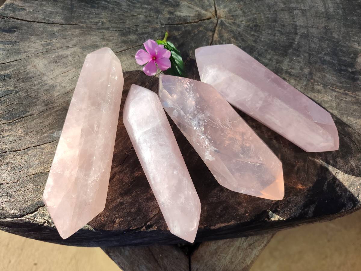 Polished Double Terminated Rose Quartz Points x 4 Madagascar - Toprock Gemstones and Minerals 