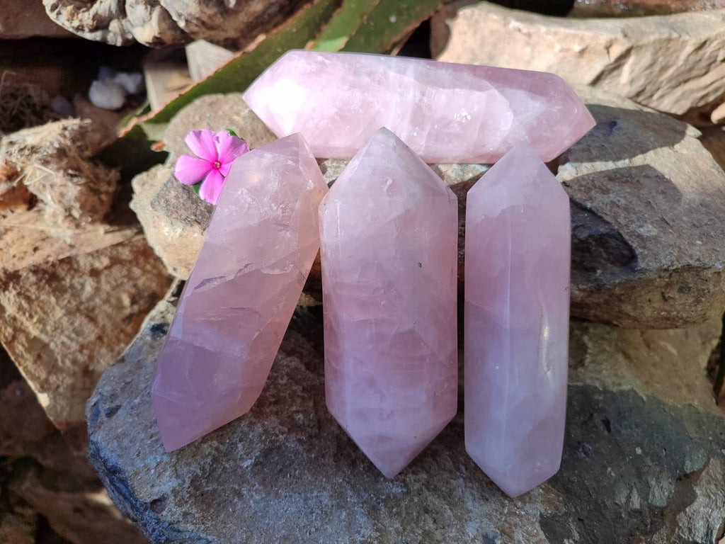 Polished Double Terminated Rose Quartz Points x 4 Madagascar - Toprock Gemstones and Minerals 