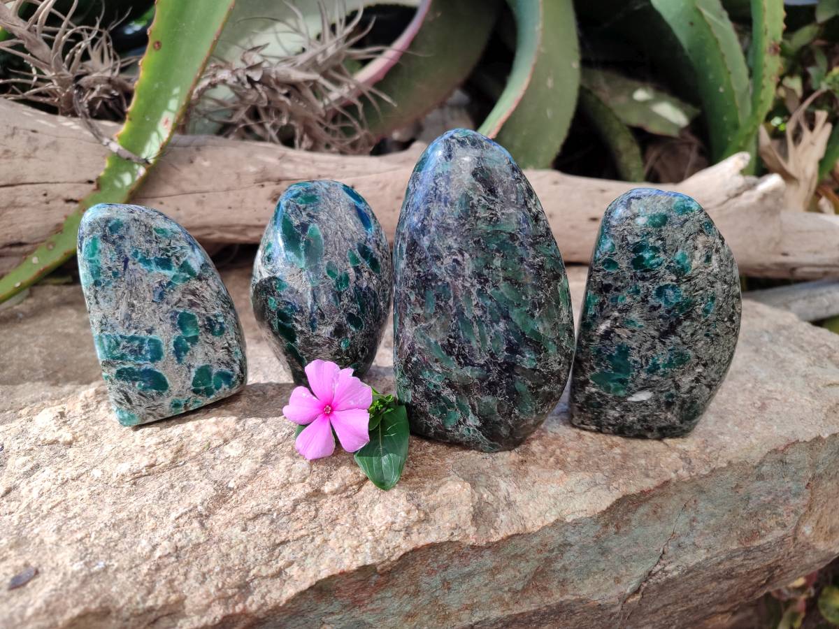 Polished Emerald Mica In Matrix Standing Free Forms x 4 From Mutoko, Zimbabwe - Toprock Gemstones and Minerals 