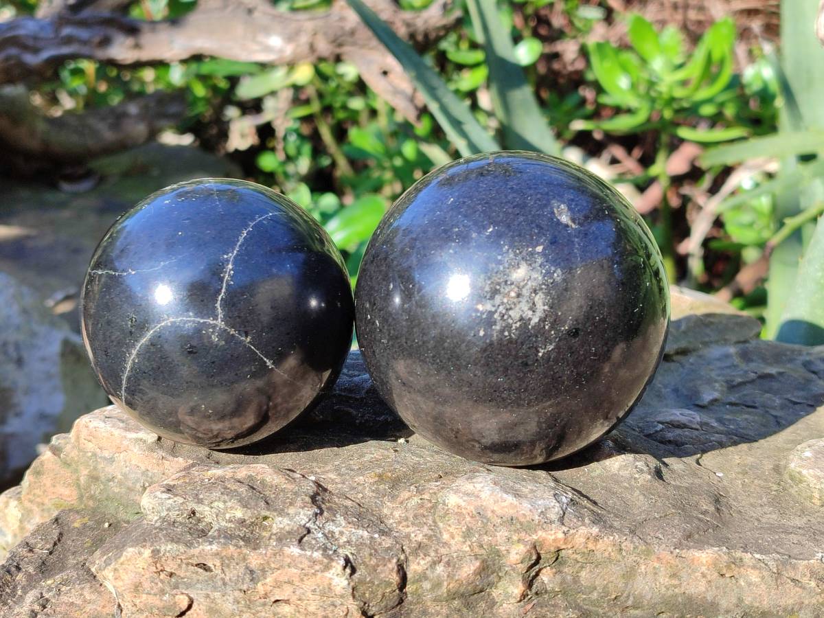 Polished Black Basalt Spheres x 4 From Antsirabe, Madagascar - Toprock Gemstones and Minerals 