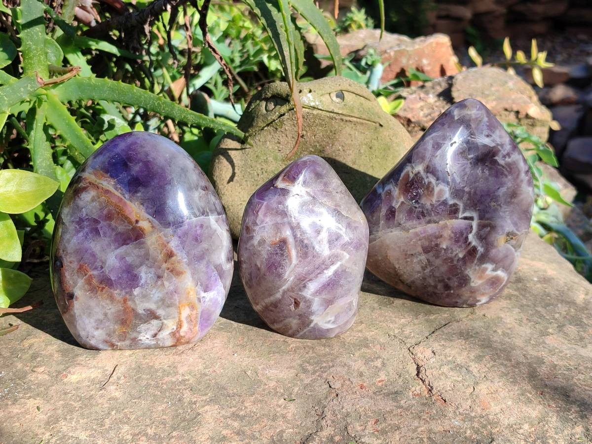 Polished Chevron Amethyst Standing Free Forms x 3 from Ankazobe, Madagascar - Toprock Gemstones and Minerals 