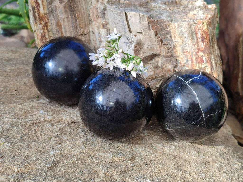 Polished Black Basalt Spheres x 3 From Antsirabe, Madagascar - Toprock Gemstones and Minerals 