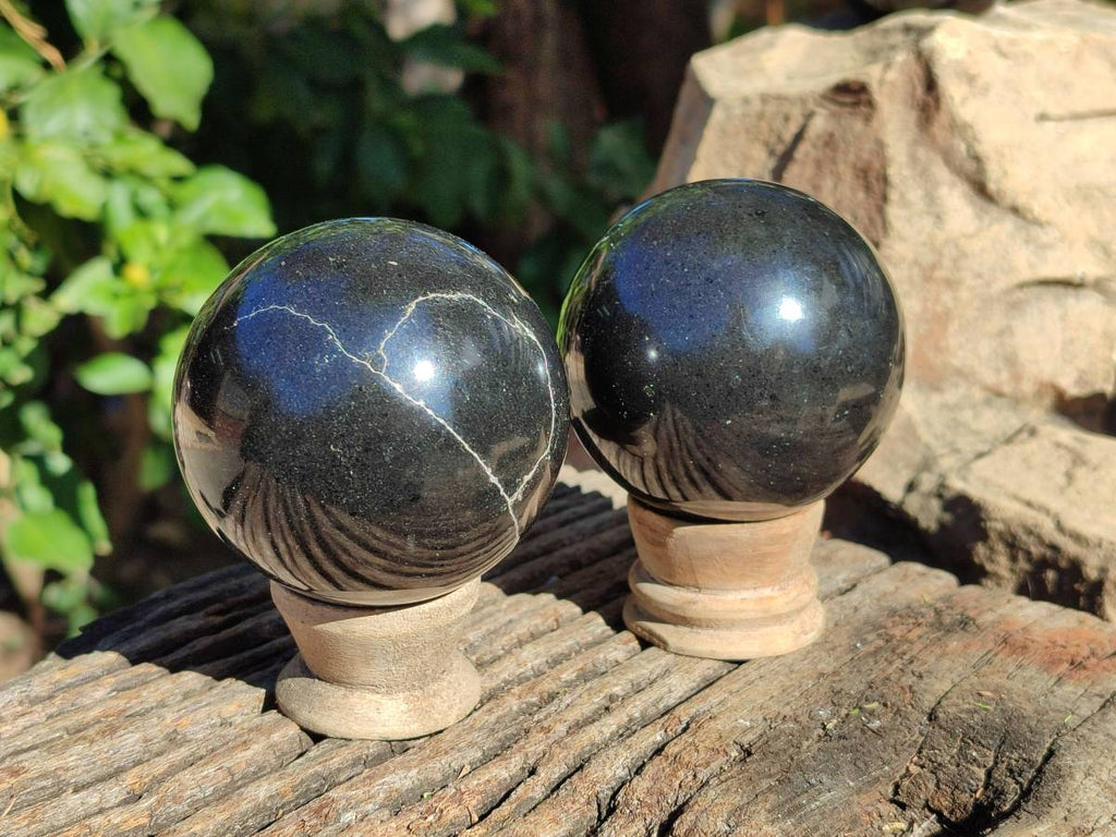 Polished Black Basalt Spheres x 3 From Antsirabe, Madagascar - Toprock Gemstones and Minerals 