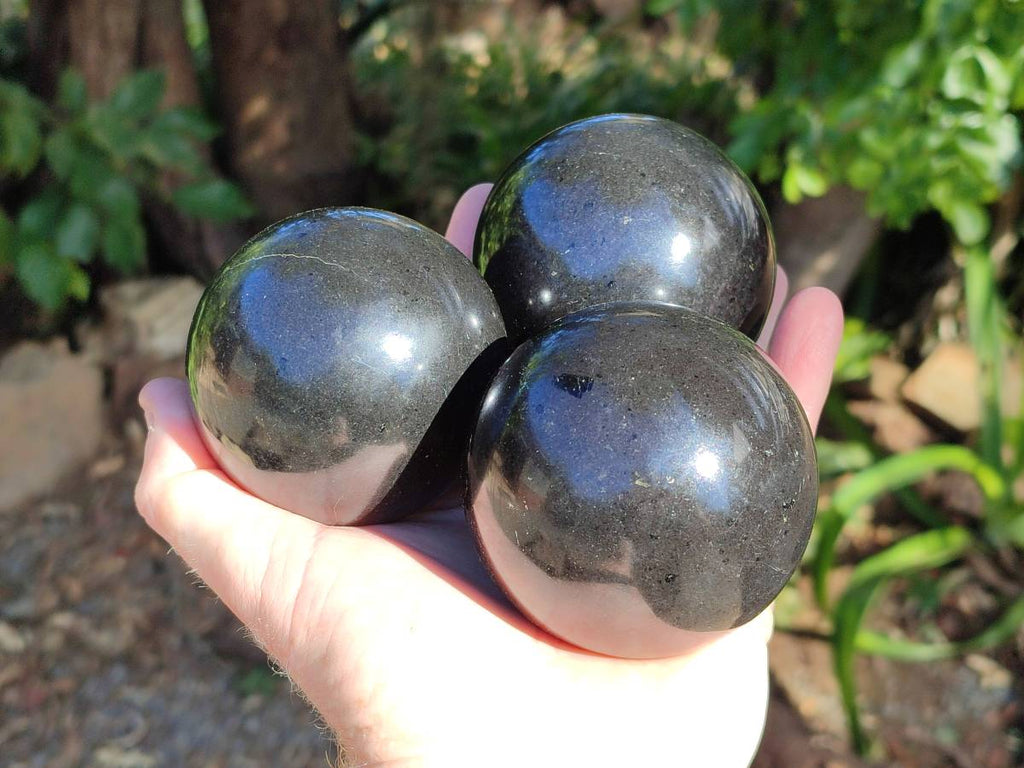 Polished Black Basalt Spheres x 3 From Antsirabe, Madagascar - Toprock Gemstones and Minerals 