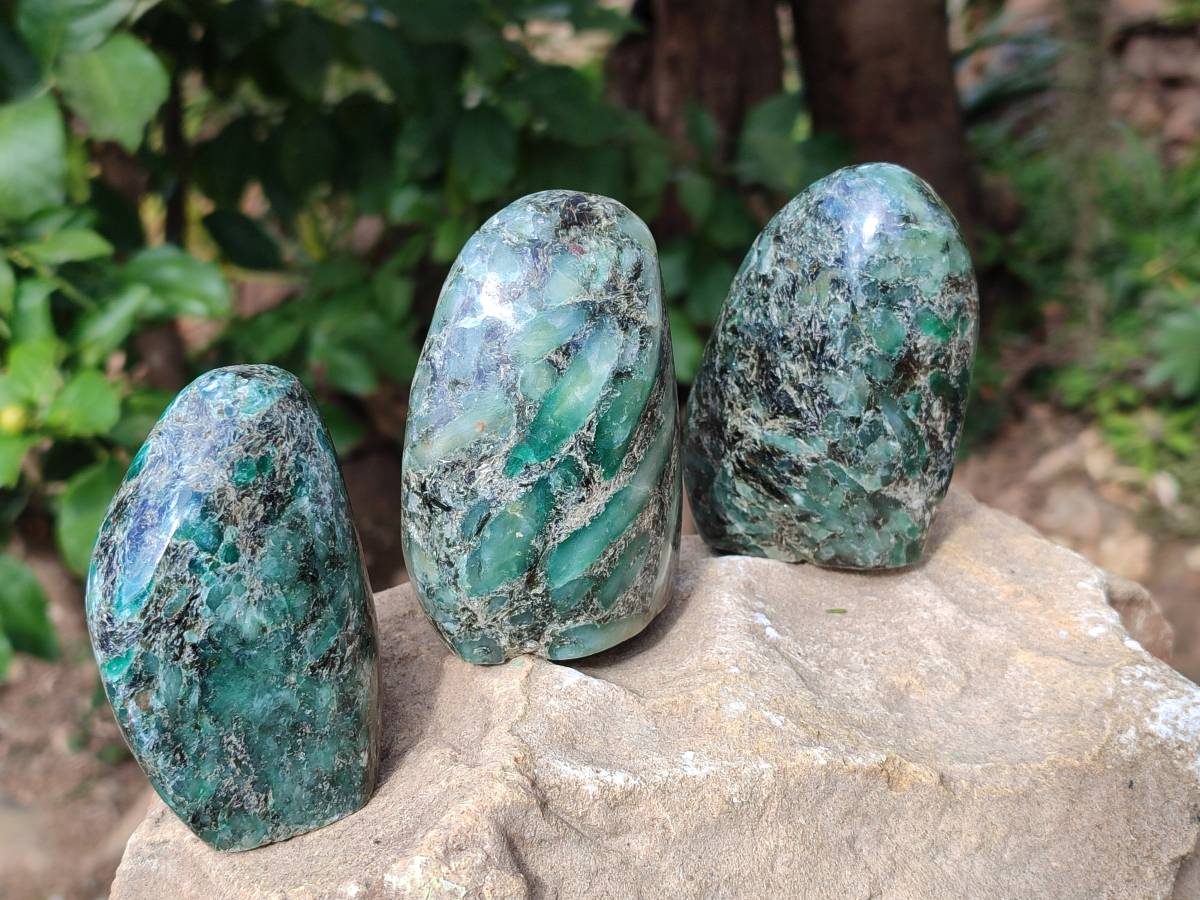 Polished Emerald Mica In Matrix Standing Free Forms x 3 From Mutoko, Zimbabwe - Toprock Gemstones and Minerals 