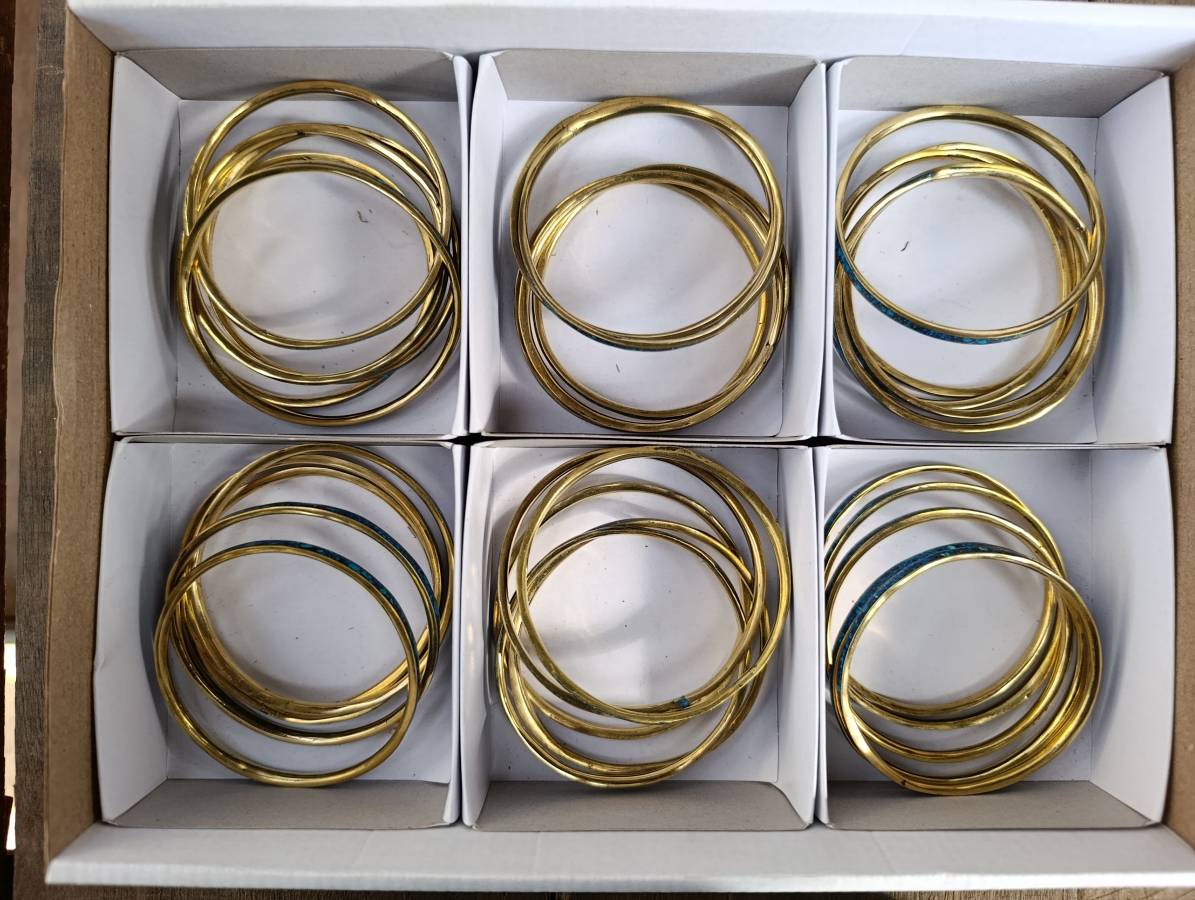 Hand Made Chrysocolla and Malachite Conglomerate Brass Bangles - Sold per Item - From Congo - Toprock Gemstones and Minerals 