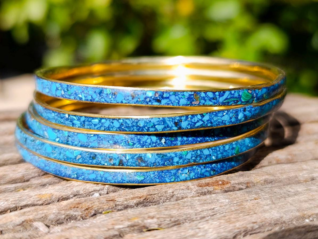 Hand Made Chrysocolla and Malachite Conglomerate Brass Bangles - Sold per Item - From Congo - Toprock Gemstones and Minerals 