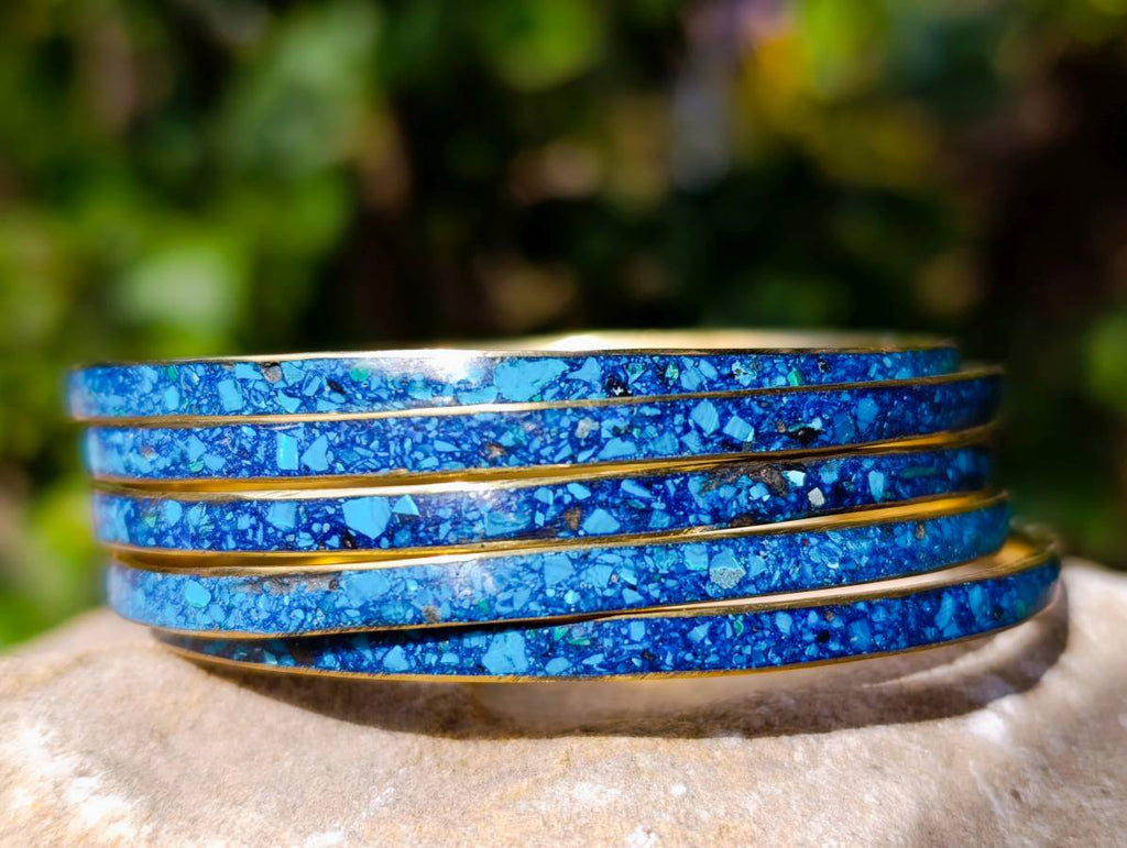 Hand Made Chrysocolla and Malachite Conglomerate Brass Bangles - Sold per Item - From Congo - Toprock Gemstones and Minerals 