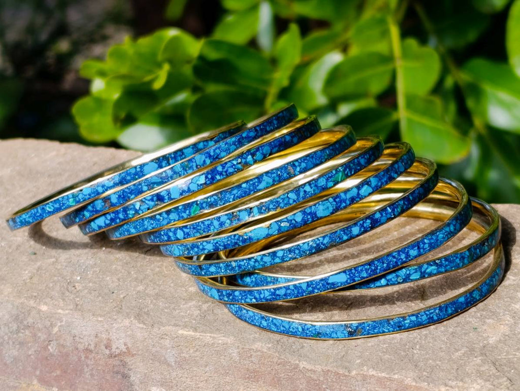 Hand Made Chrysocolla and Malachite Conglomerate Brass Bangles - Sold per Item - From Congo - Toprock Gemstones and Minerals 