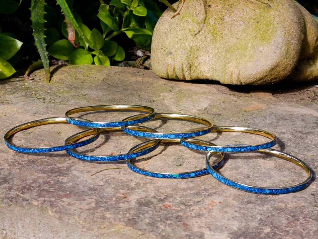 Hand Made Chrysocolla and Malachite Conglomerate Brass Bangles - Sold per Item - From Congo - Toprock Gemstones and Minerals 