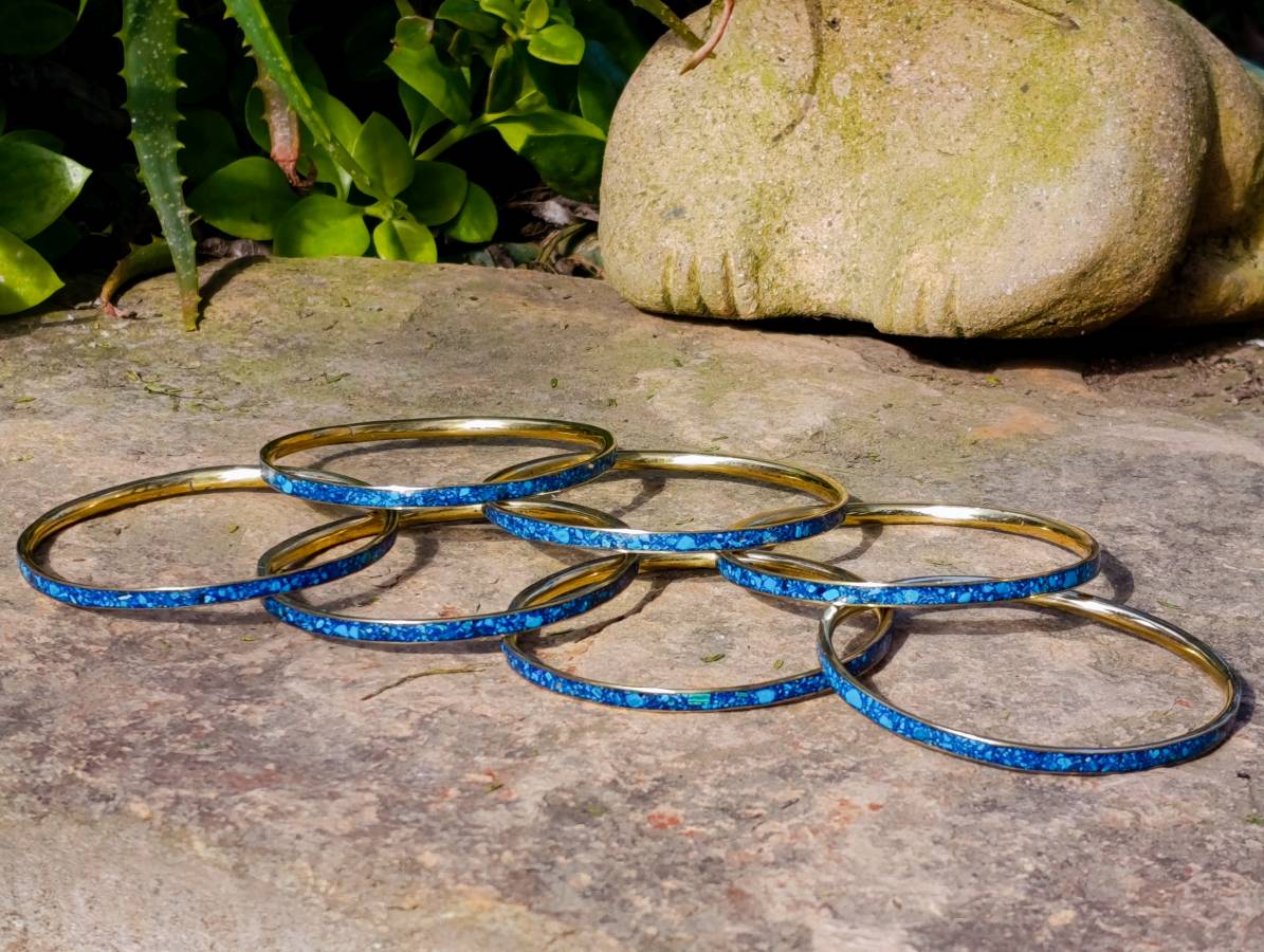 Hand Made Chrysocolla and Malachite Conglomerate Brass Bangles - Sold per Item - From Congo - Toprock Gemstones and Minerals 