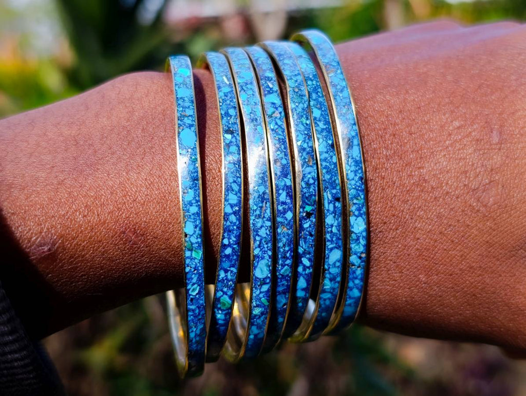 Hand Made Chrysocolla and Malachite Conglomerate Brass Bangles - Sold per Item - From Congo - Toprock Gemstones and Minerals 